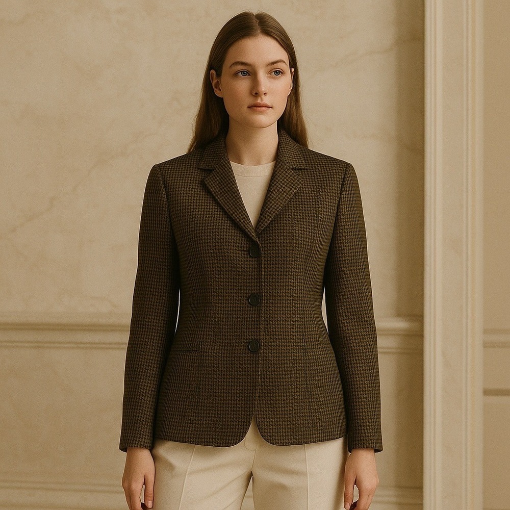 Liz Claiborne Collection Wool Blazer Women's Sz 8 Brown Houndstooth Y2K Academia